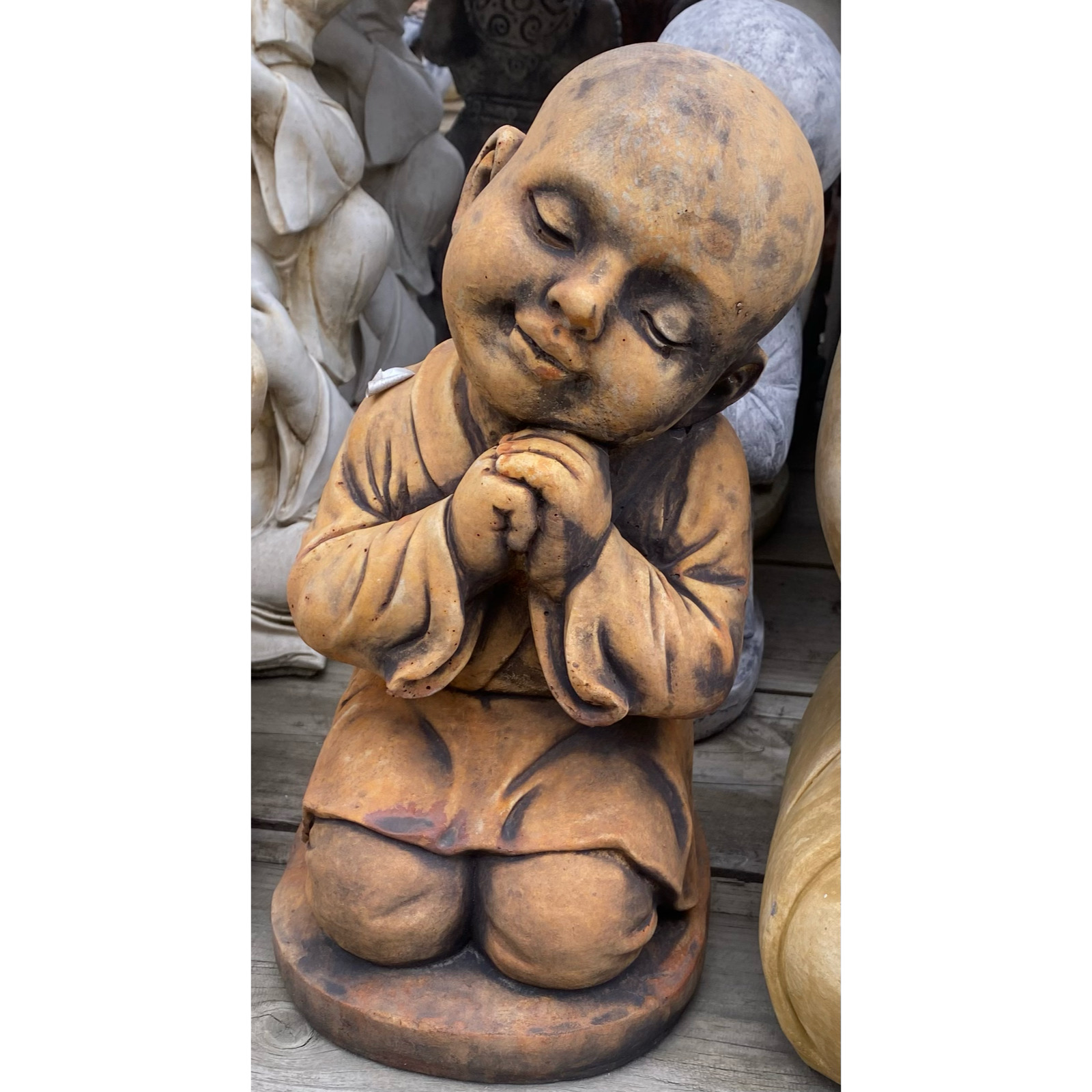 Tibet Monk Kneeling Small Concrete Statue (1435) - Image 2