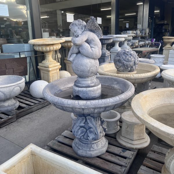 Angel on Ball Large in Tanara Bowl on Leaf Pedestal Concrete Fountain